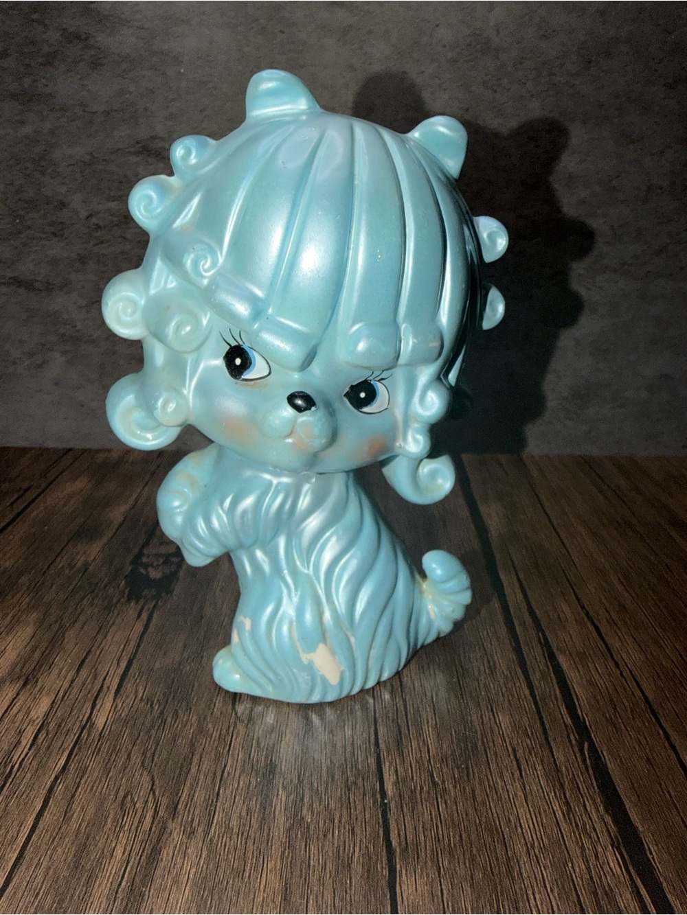 Vintage 60s Blue Pearlized Luster Curly Haired Kitschy Poodle Dog Piggy Bank